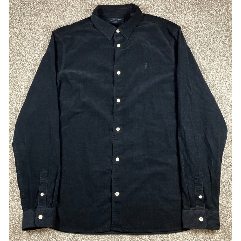 AllSaints Birchwood Long Sleeve Shirt Black Organic Cotton Corduroy Mens Large